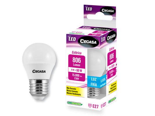 BOMBILLA LED ESFÉRICA  8W E27 806LM LUZ FRIA CEGASA 1U La Despensa