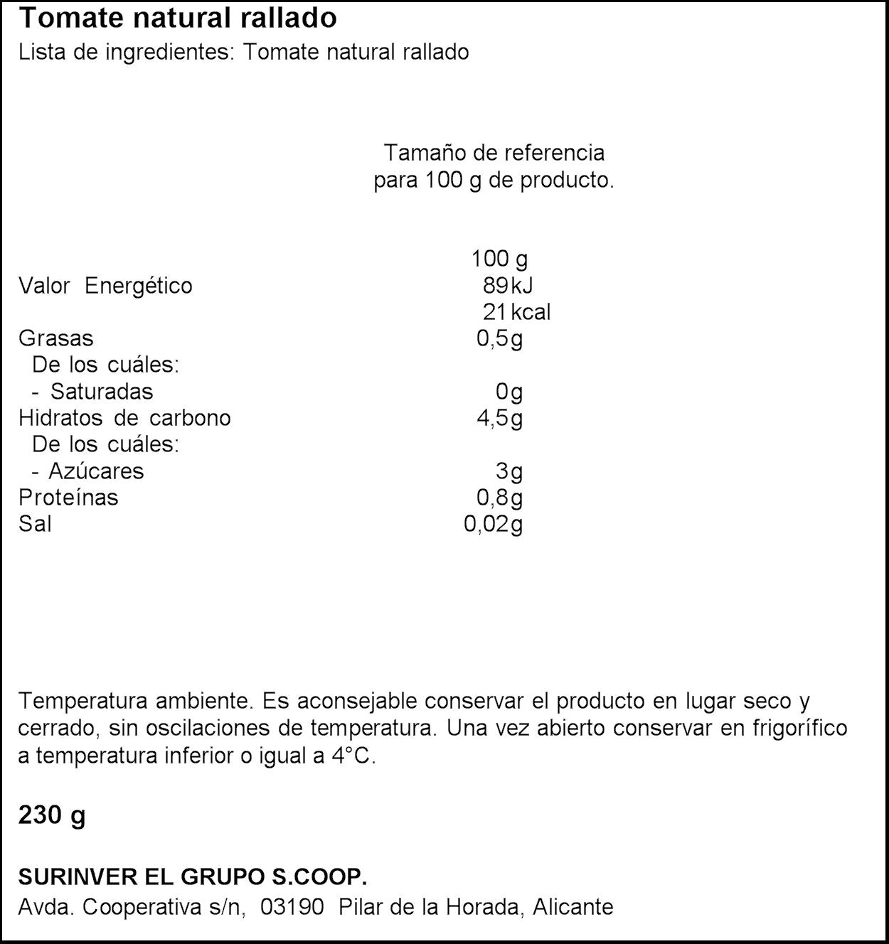 Tomate natural rallado tarro Surinver 230g