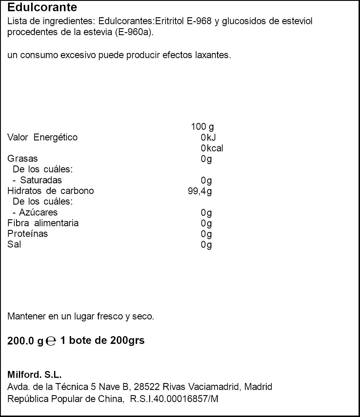 Edulcorante stevia granulada Huxol 200g