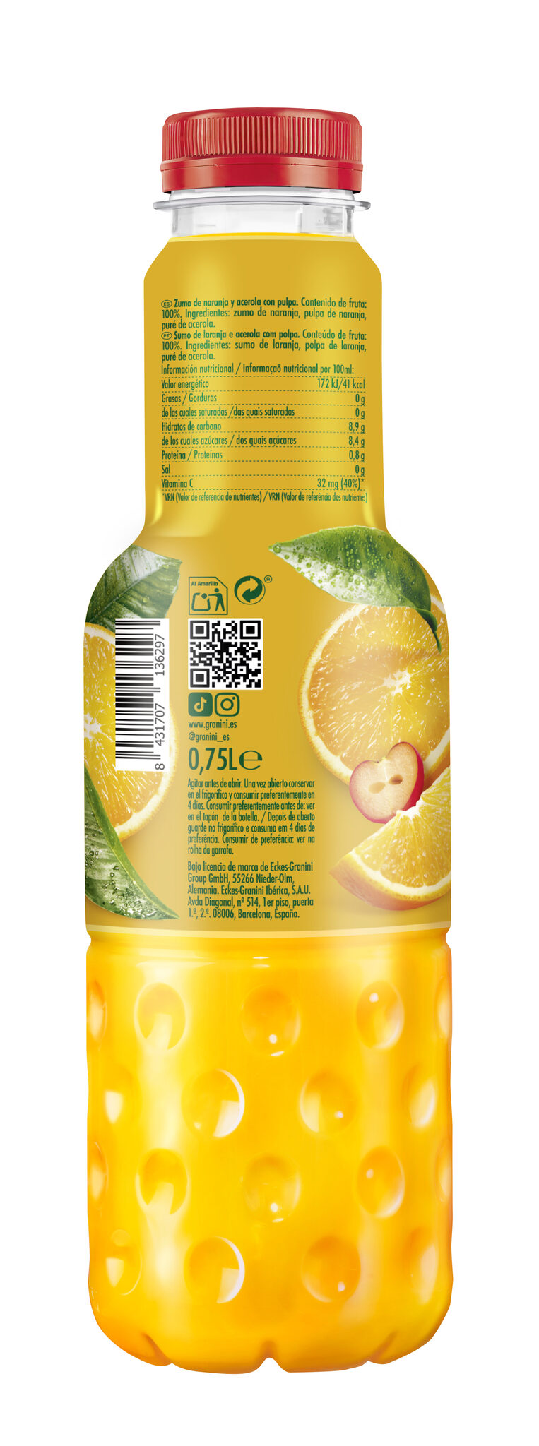 Zumo 100% exprimido naranja c/acerola Granini 750ml