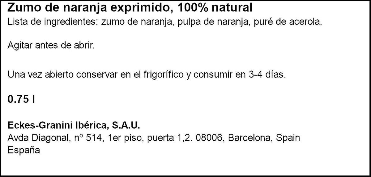 Zumo 100% exprimido naranja c/acerola Granini 750ml