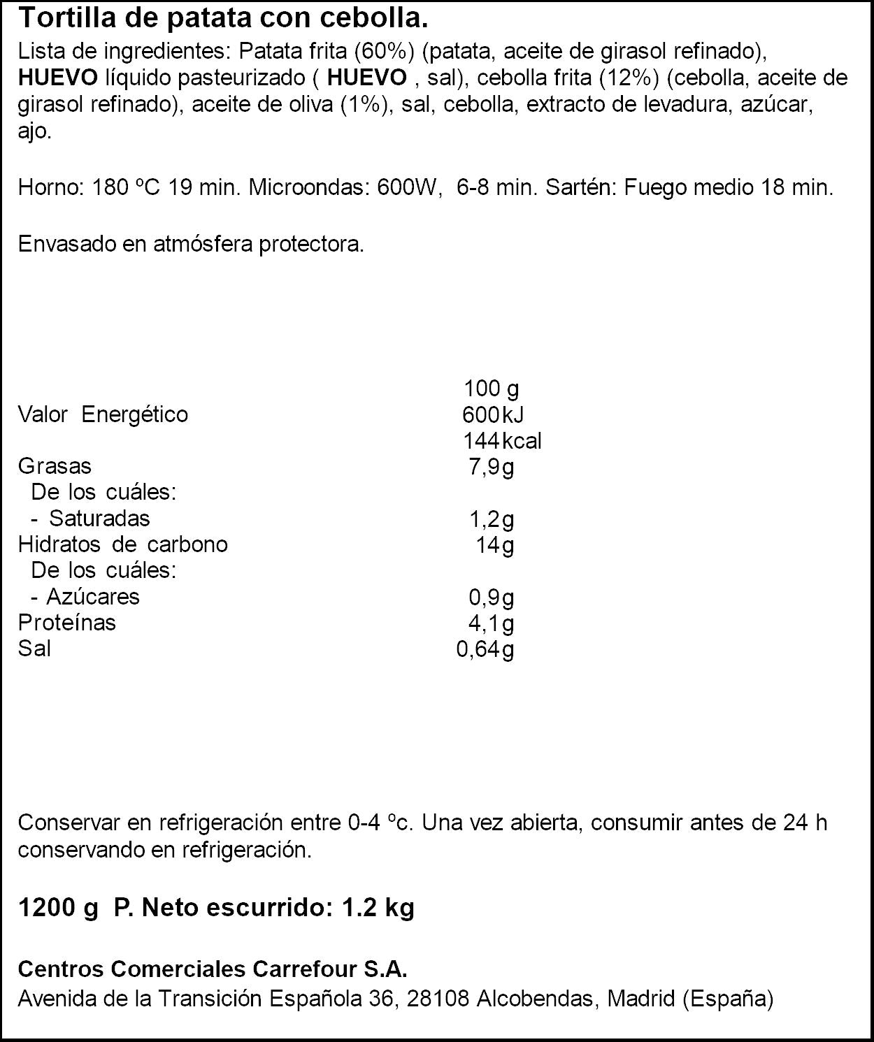 Tortilla patatas h.campero c/cebolla La tortilleria 1.2kg