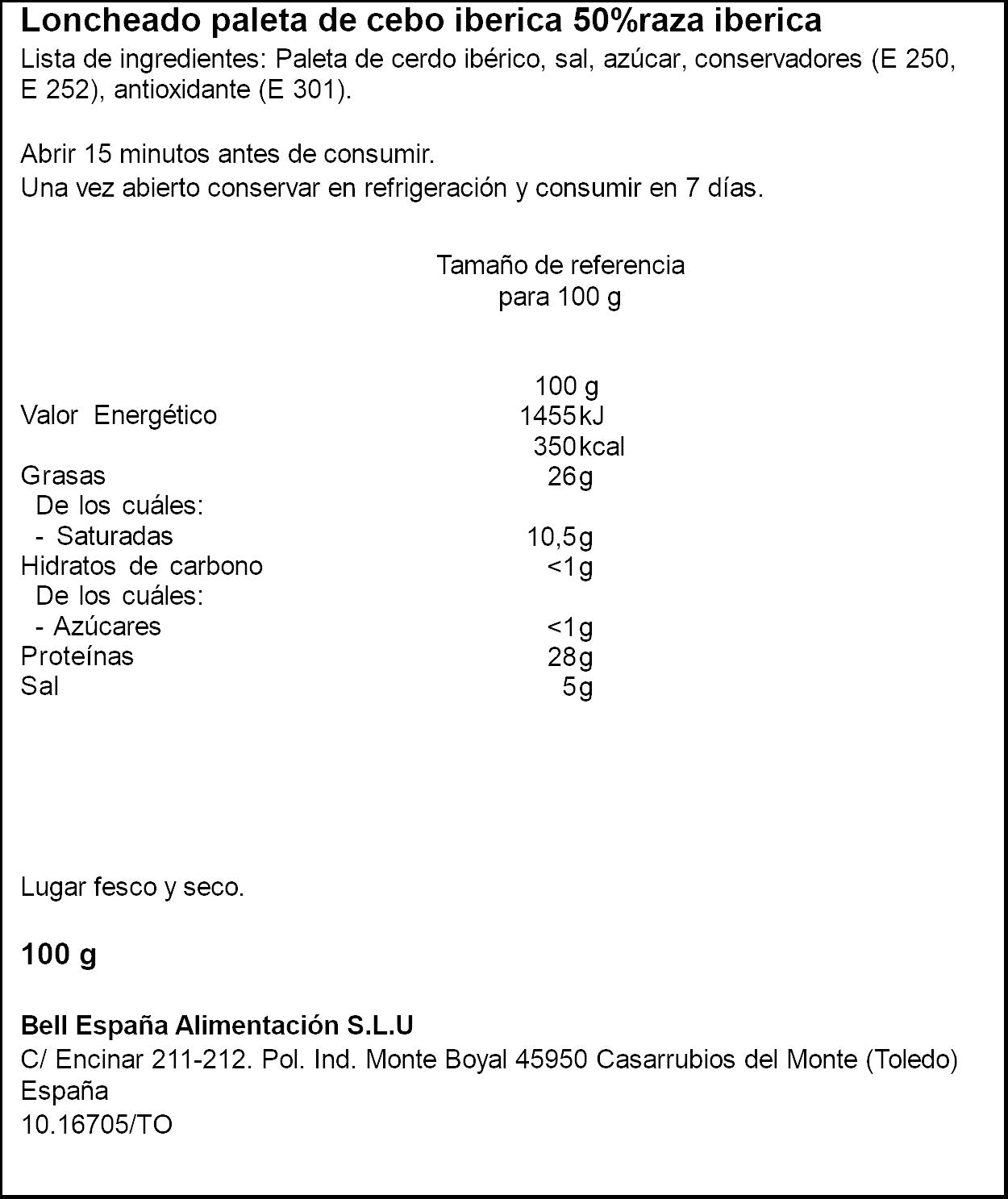 Paleta cebo iberico 0% raza iberica lonchas Sánchez Alcaraz 100g