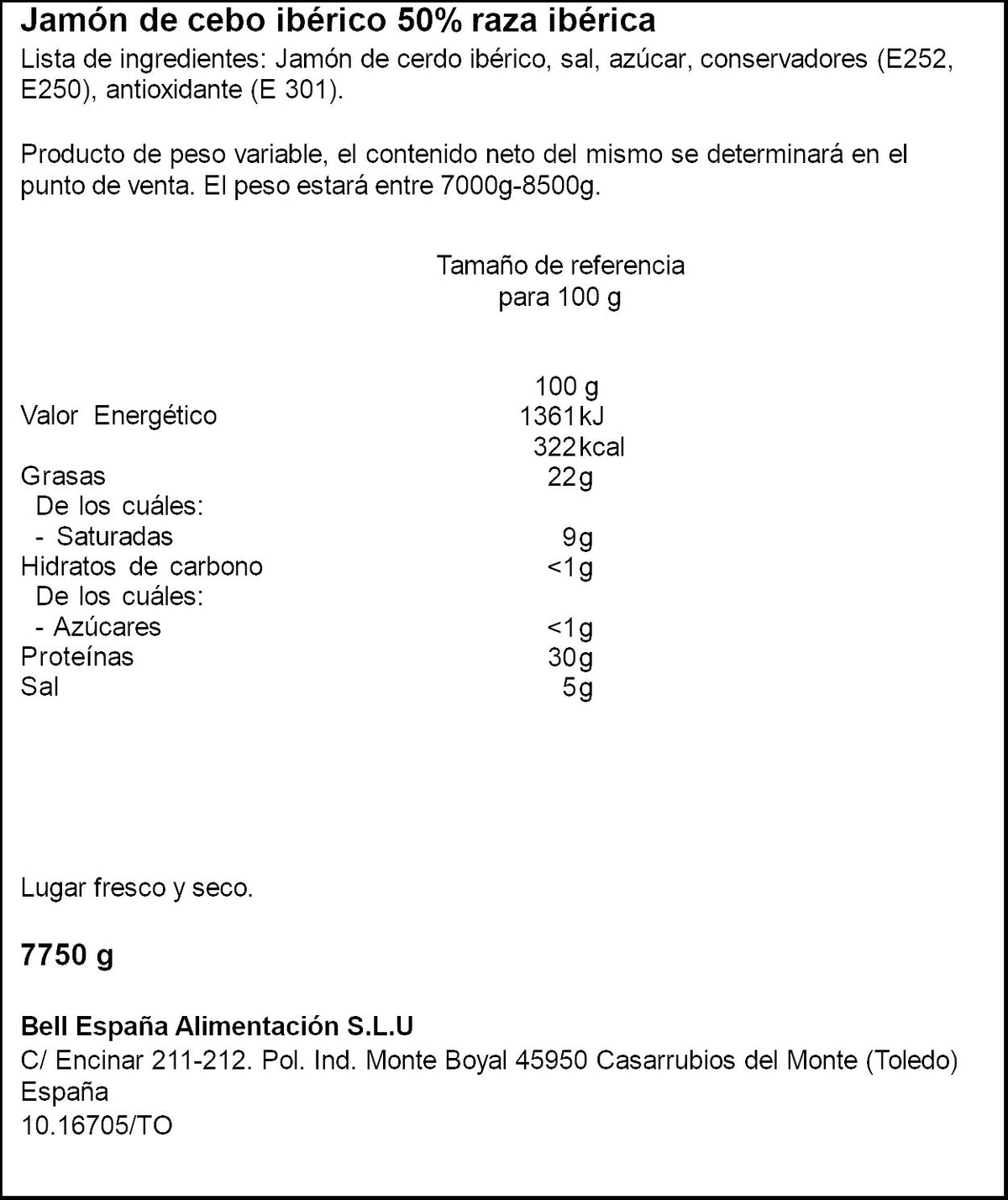 Jamón 50% ibérico cebo Sánchez Alcaraz pieza 8-9kg