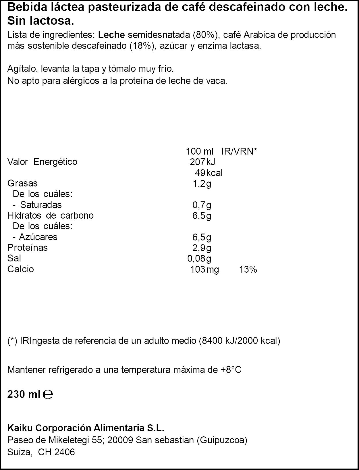 Café latte descafeinado Kaiku 230ml