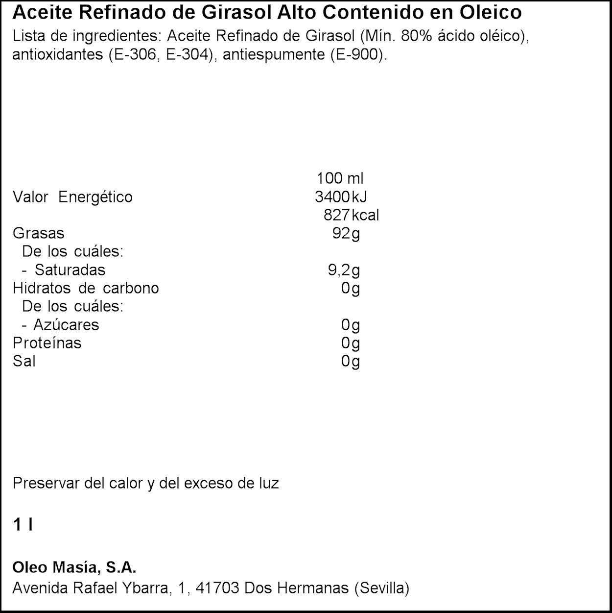 Aceite girasol alto oleico Masfrit 1l