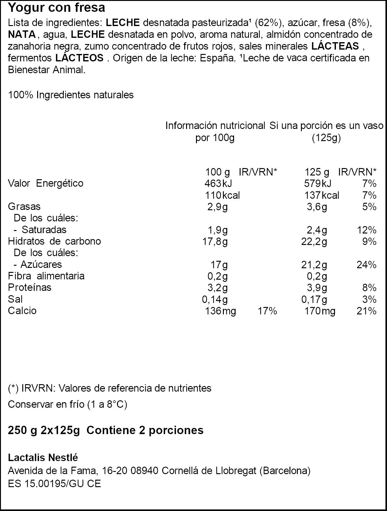 Yogur c/fresa cristal Nestle p2 125g/u