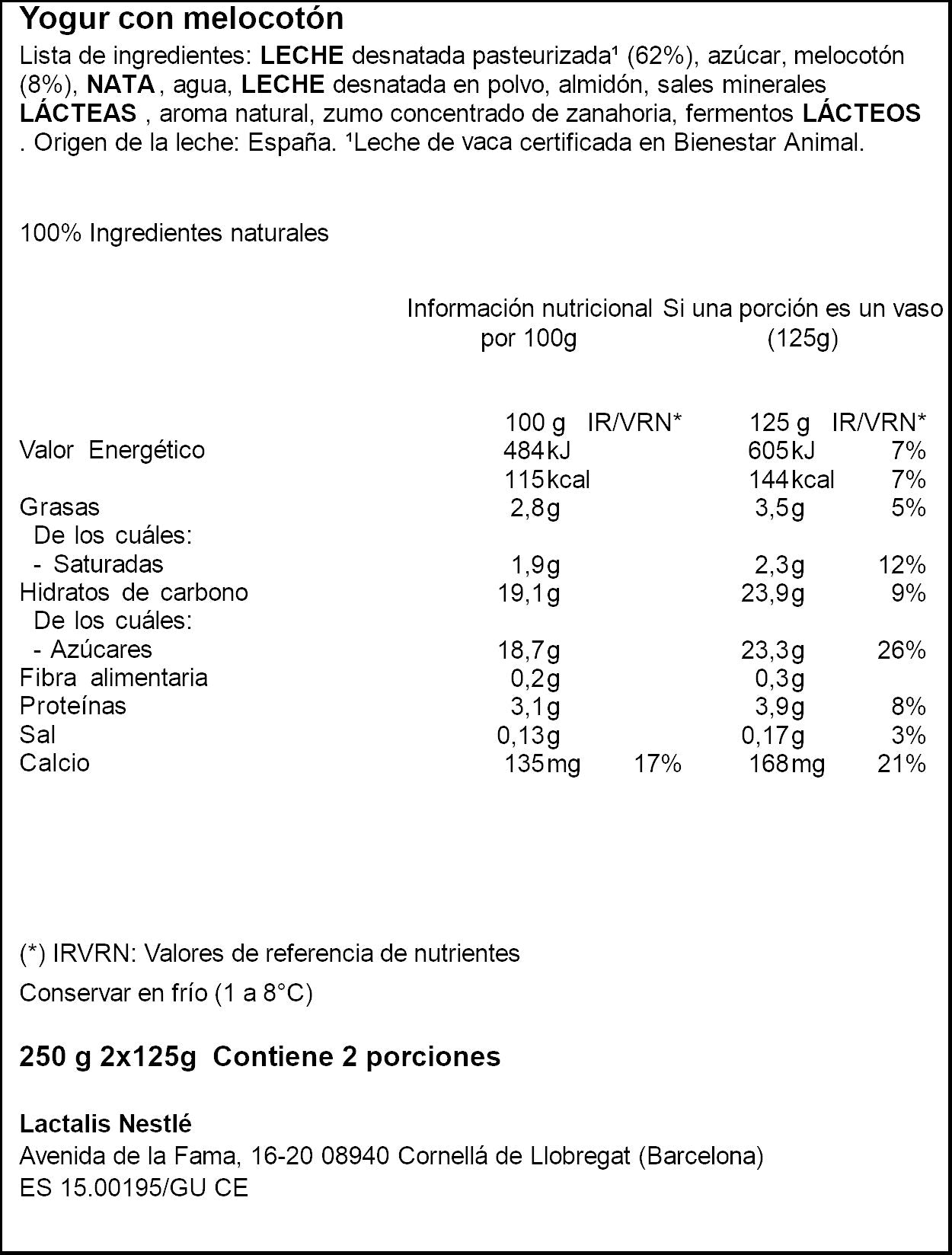 Yogur c/melocoton La lechera Nestle p2 125g/u