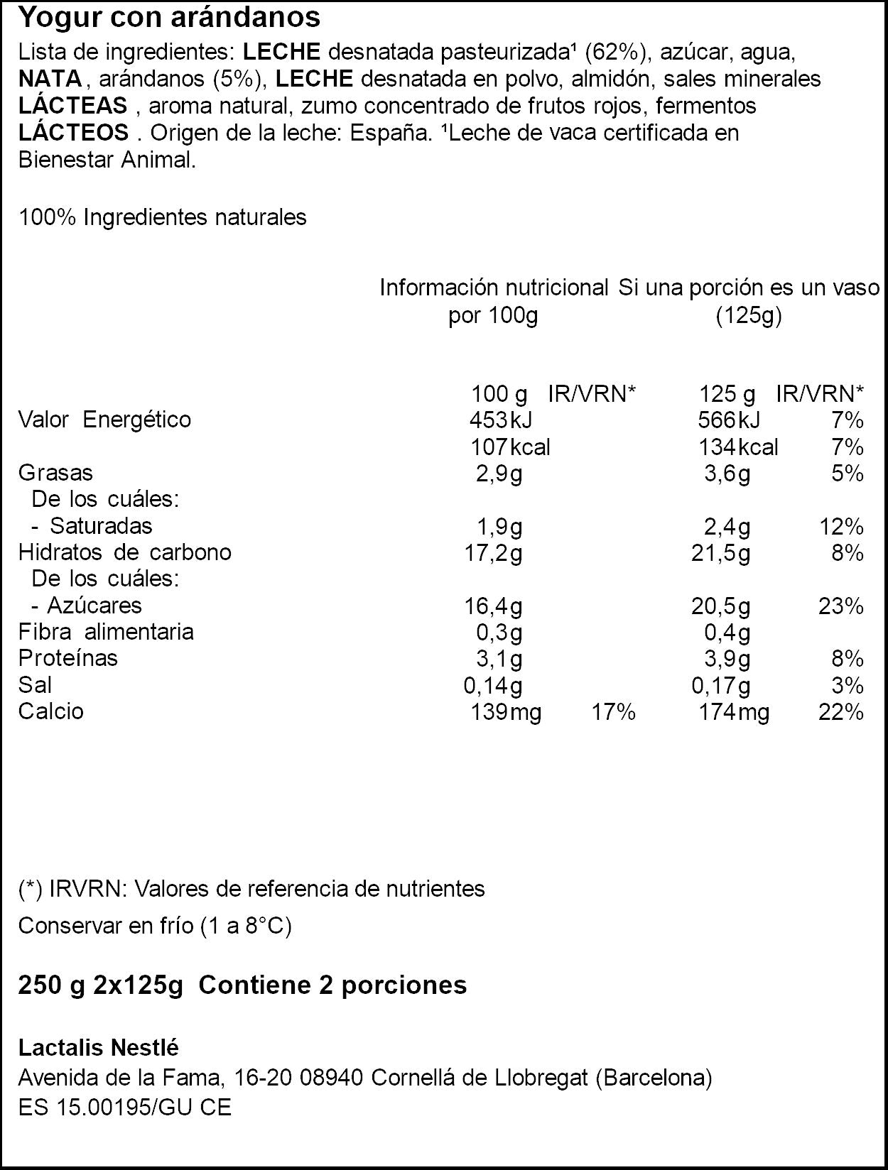 Yogur c/arandanos cristal Nestle p2 125g/u