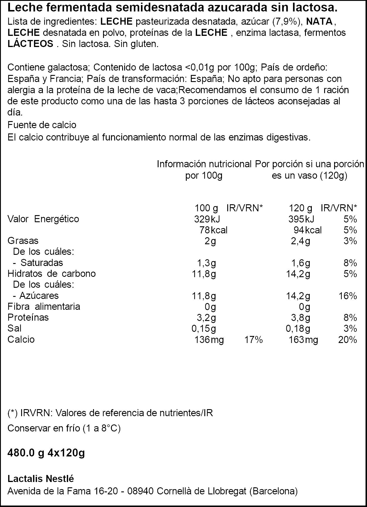 Yogur s/lactosa azucarado Nestle p4 124g/u