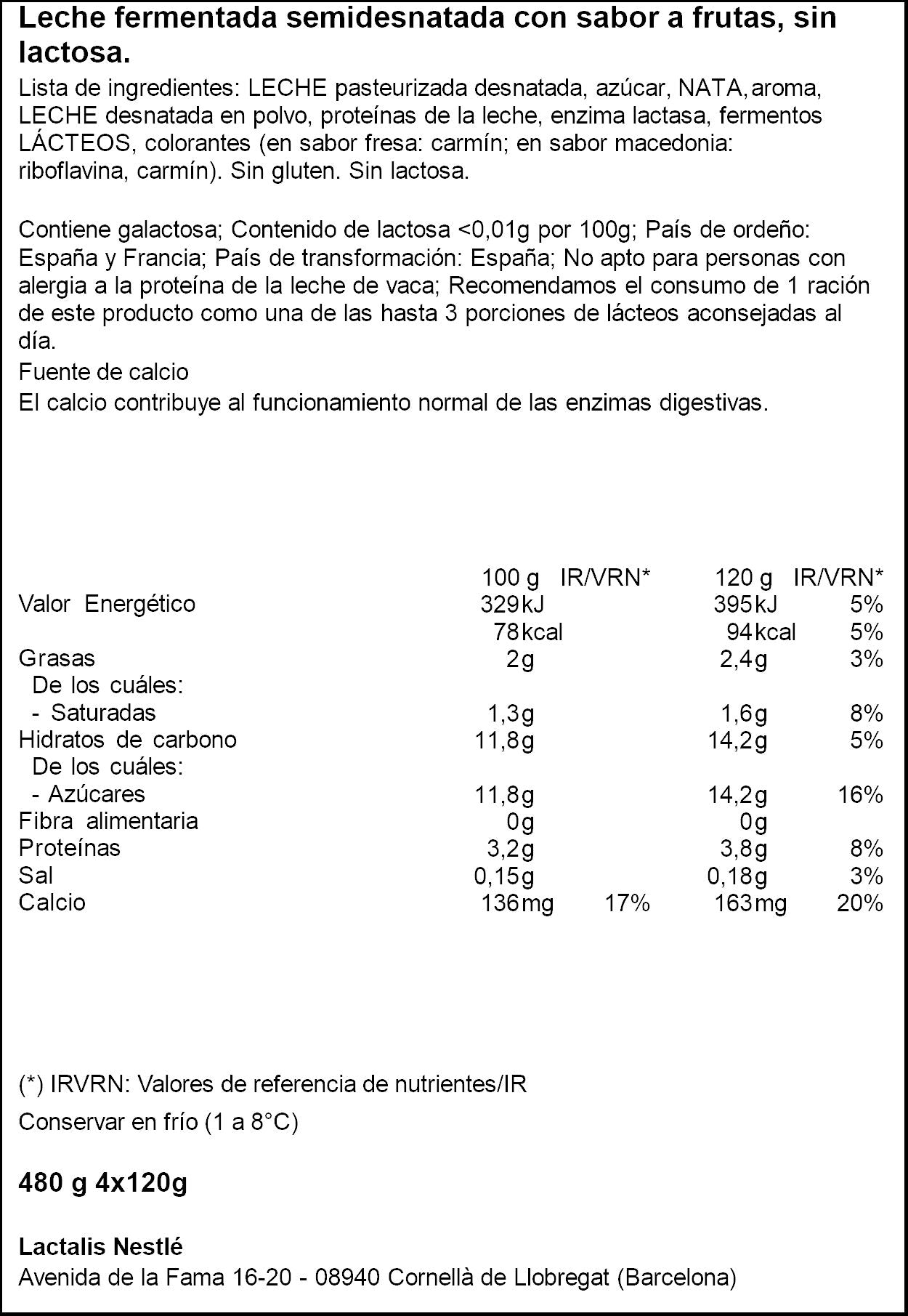 Yogur s/lactosa panache Nestle p4 124g/u