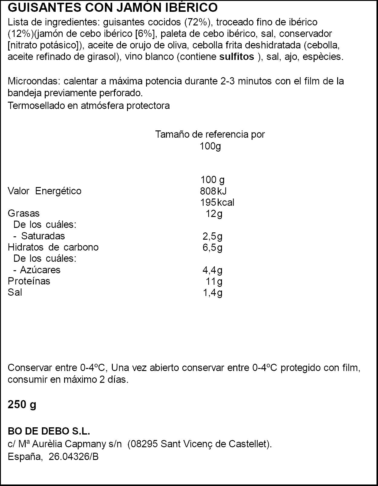 Guisantes salteado c/jamon curado Bo de debo 250g