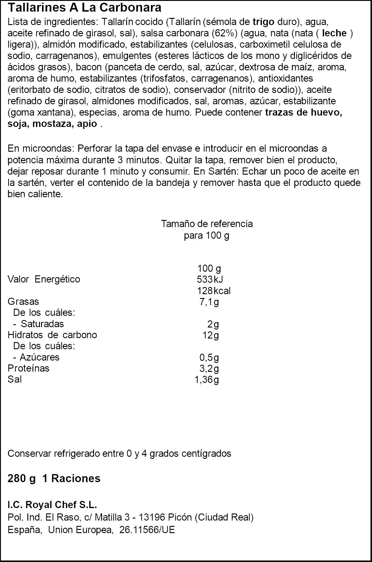 Tallarines carbonara c/bacon Royal chef 280g
