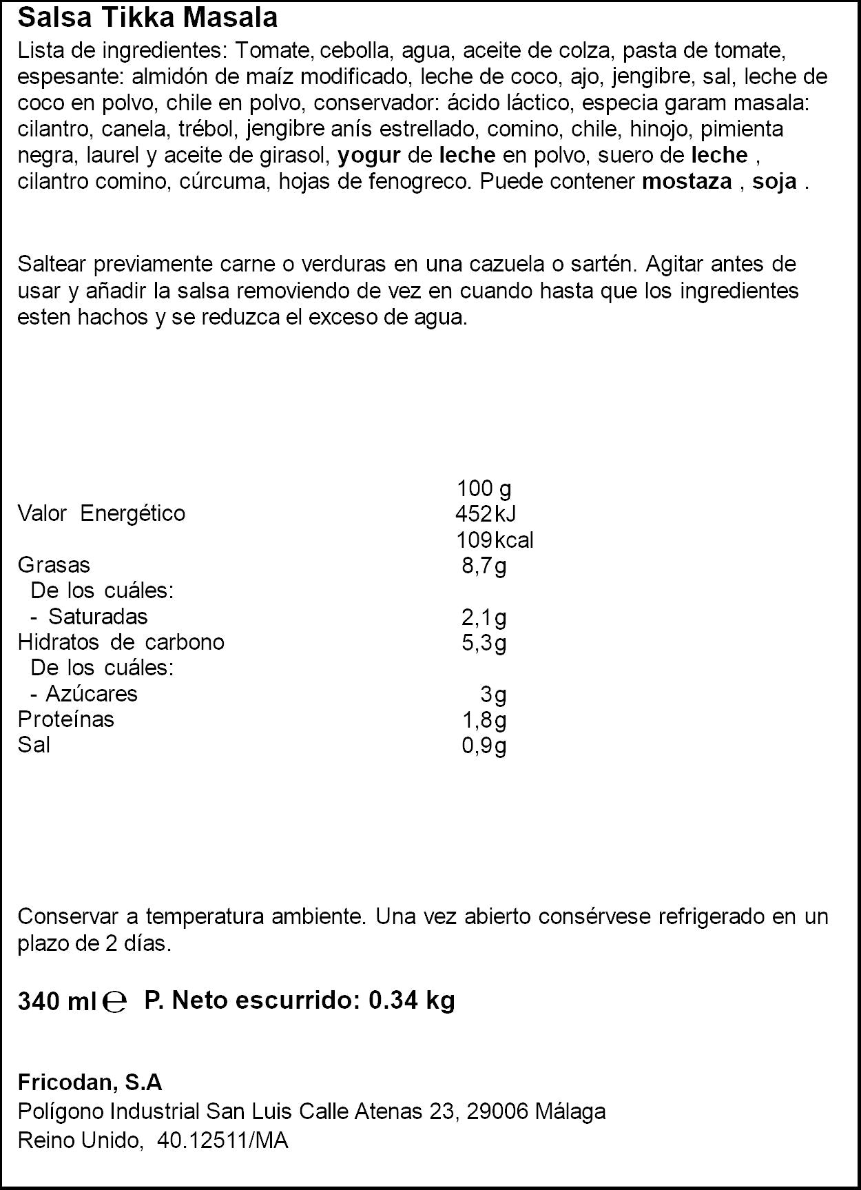 Salsa tikka masala cristal Tiger khan 340ml