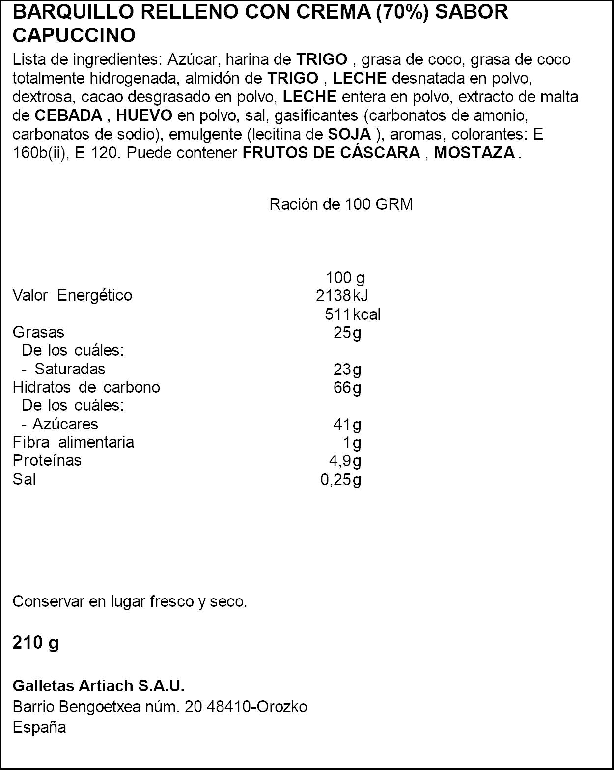 Galleta rellena capuccino Artiach  210g