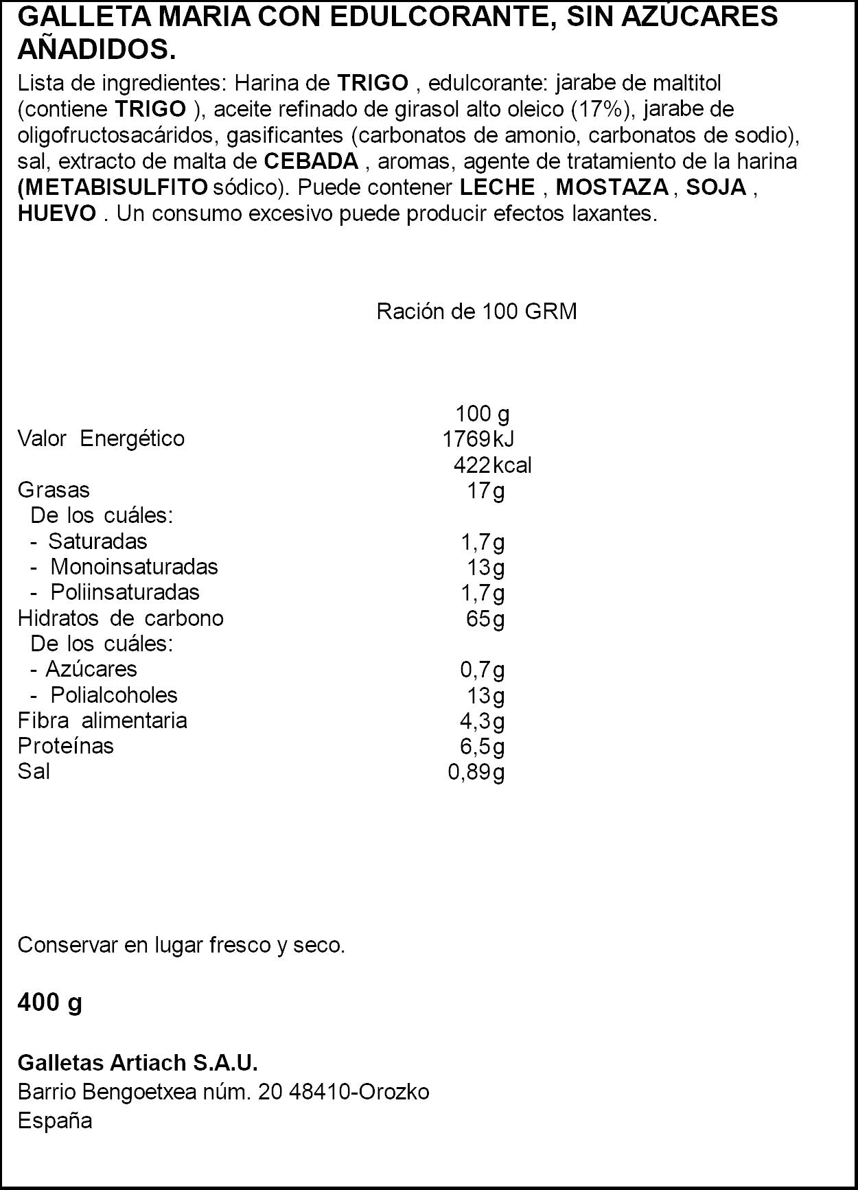 Galleta maría 0% azúcares Marbu Artiach 300+100g