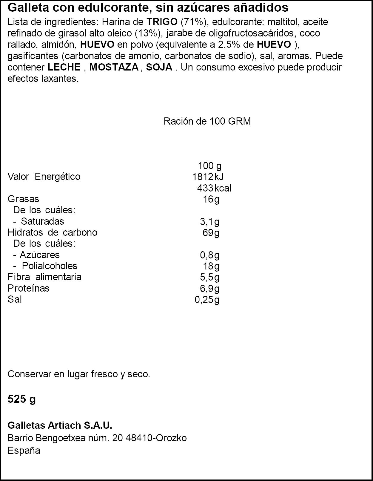 Galletas 0% azucar Artiach 422+103g