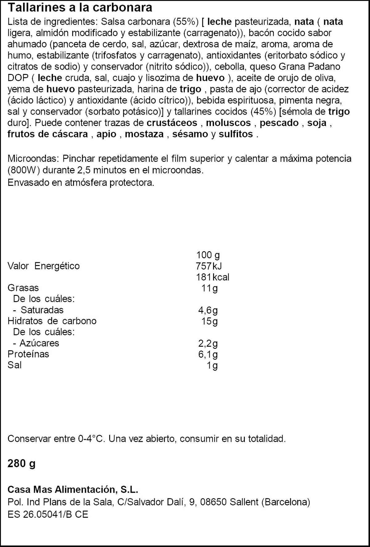 Tallarines carbonara Casa mas 280g