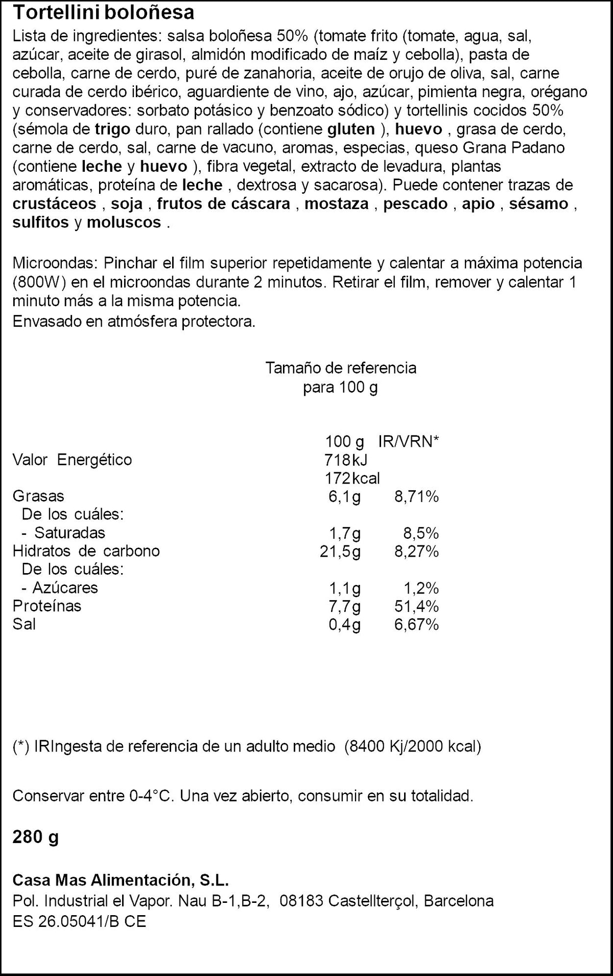 Tortellini boloñesa Casa mas 280g