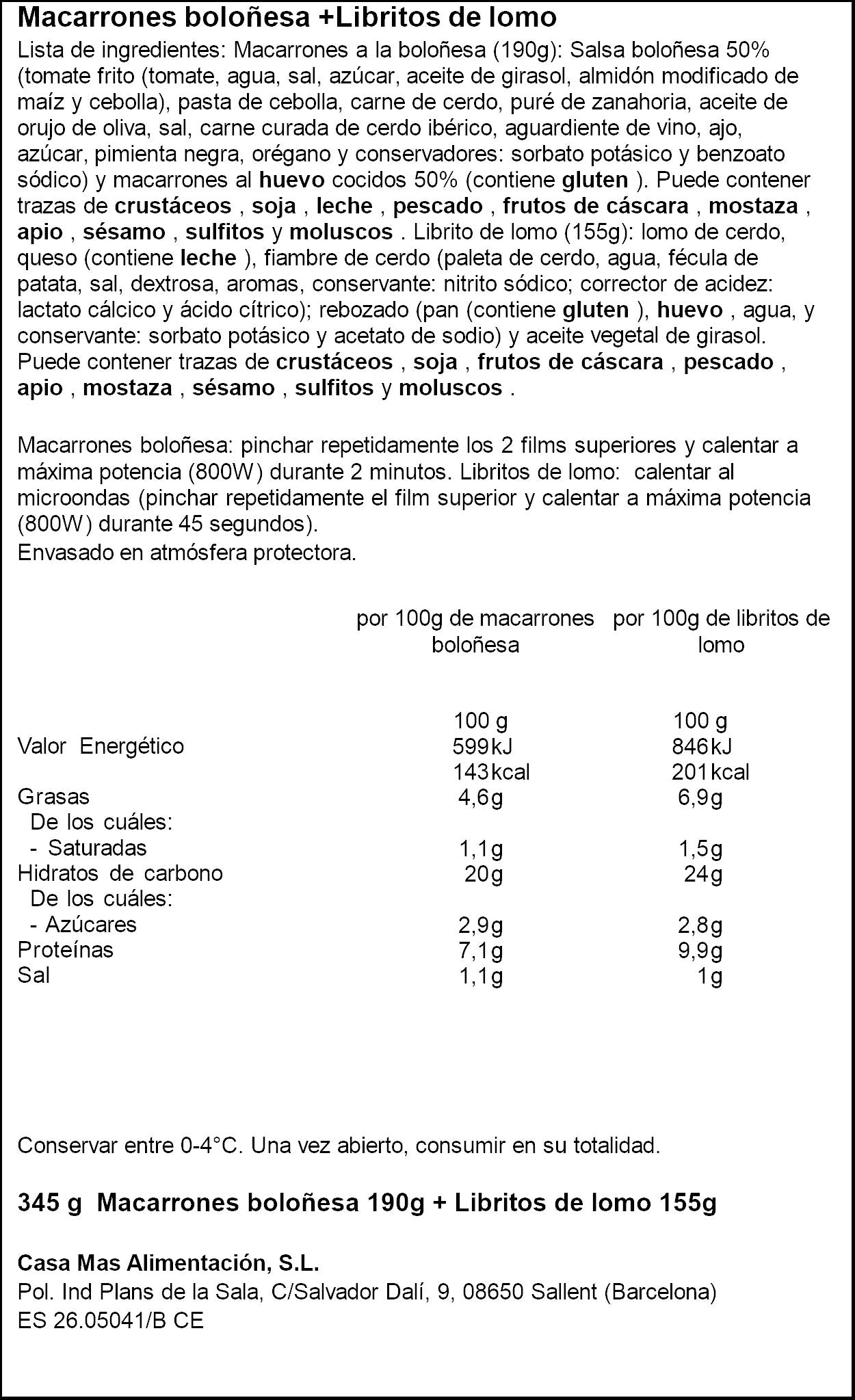 Menu macarrones boloñesa libritos de lomo Casa mas 345g