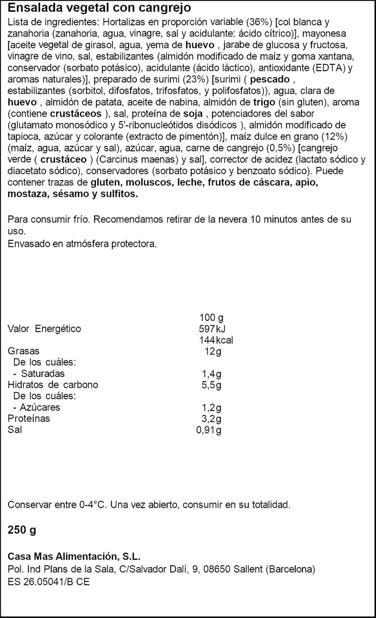 Ensalada vegetal c/cangrejo Casa mas 250g