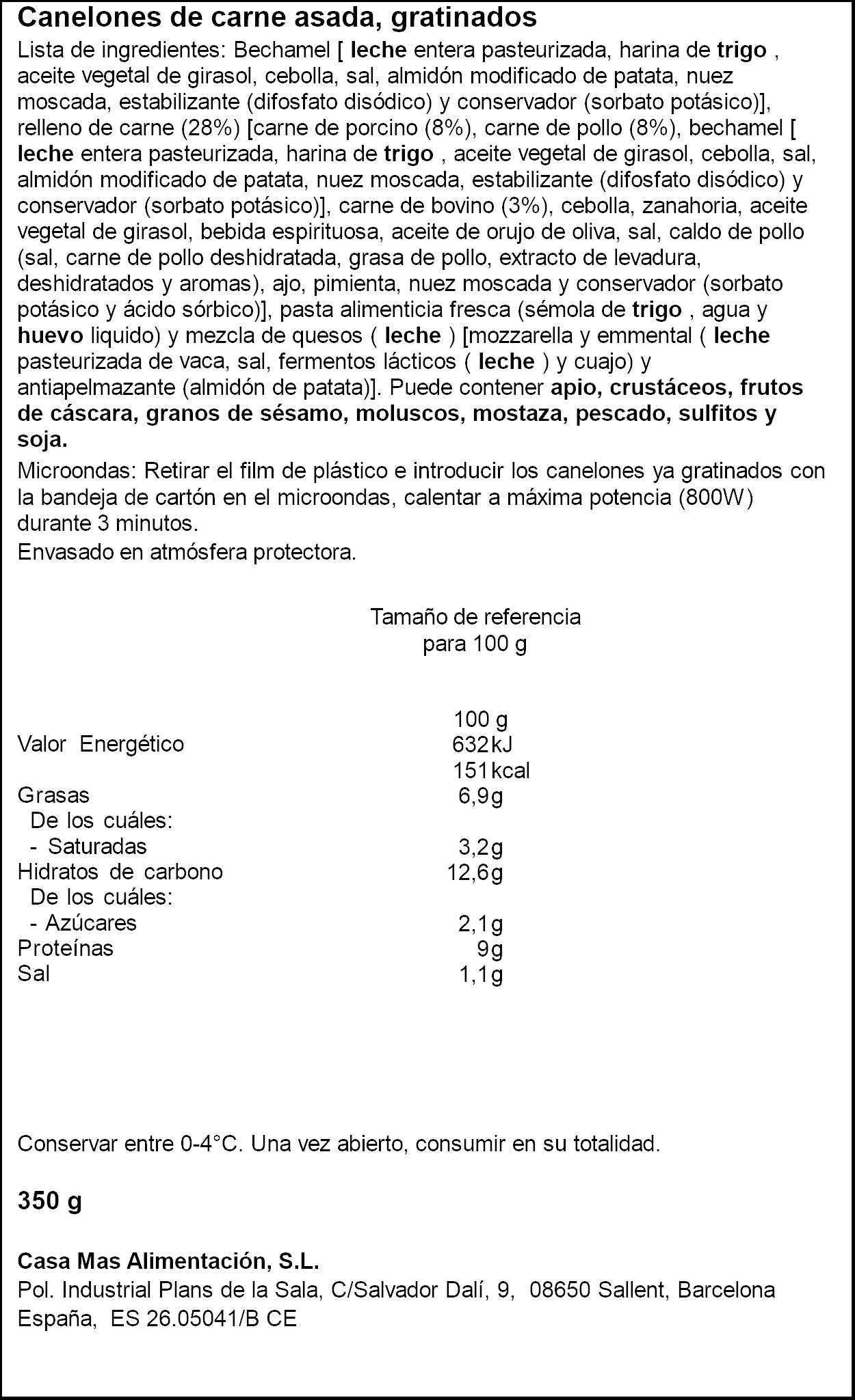 Canelones gratinado carne asada Casa mas 350g