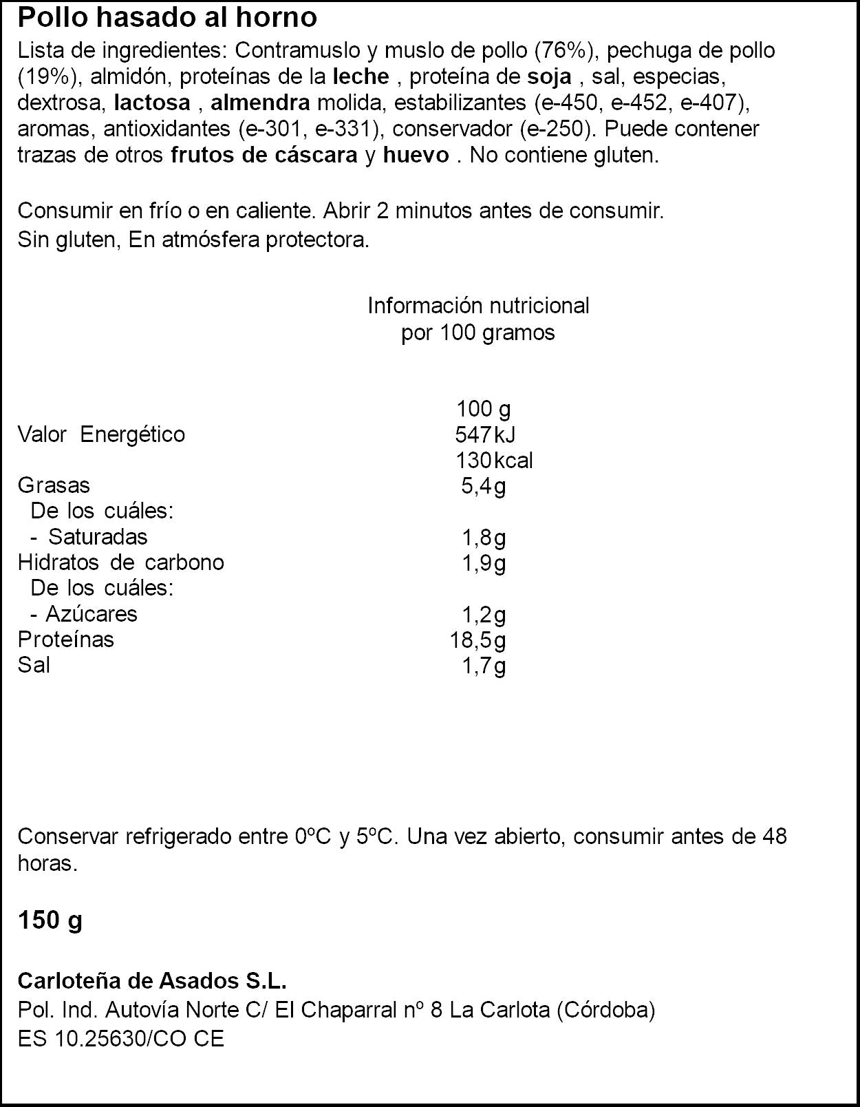 Pollo asado horno lonchas La carloteña 150g