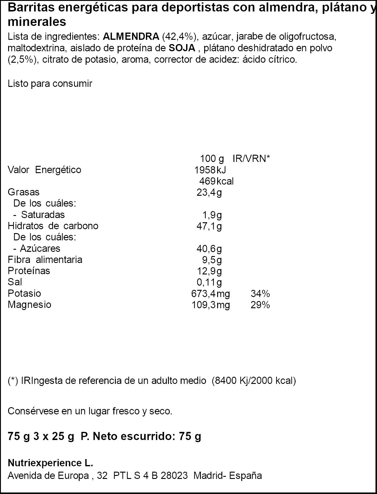 Barrita energetica almendra /platano Justloading 3x25g