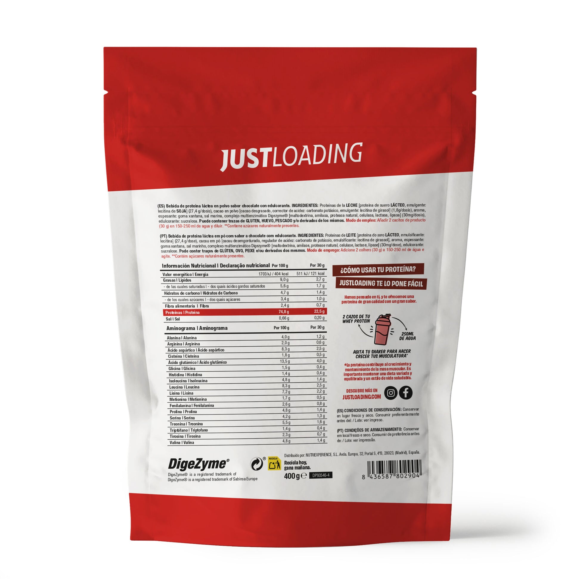 Polvo proteico chocolate bolsa Justloading 400g
