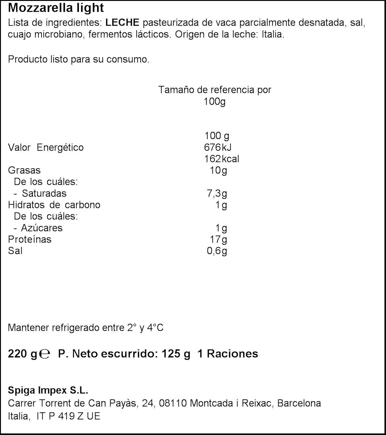 Mozzarella boconccini light Spiga 125g