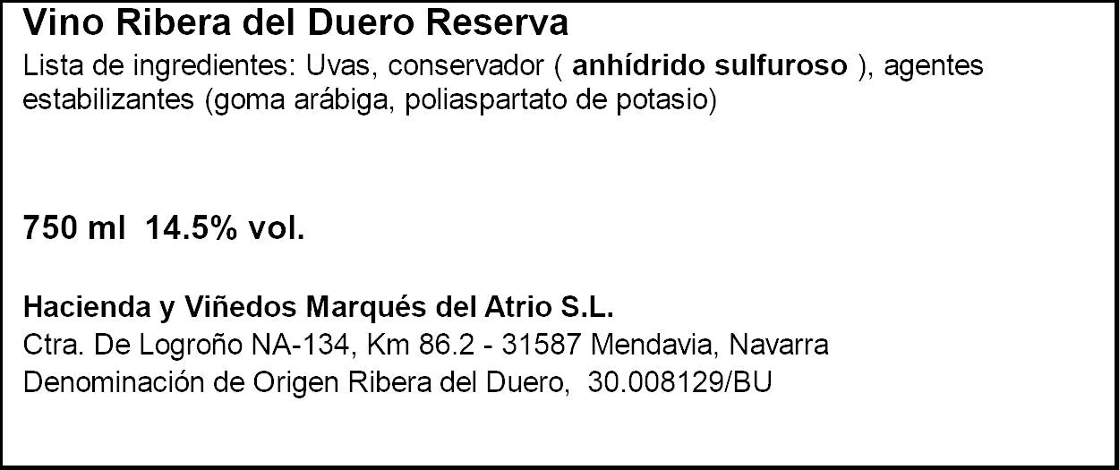Vino tinto ribera del duero reserva Valderivero 750ml