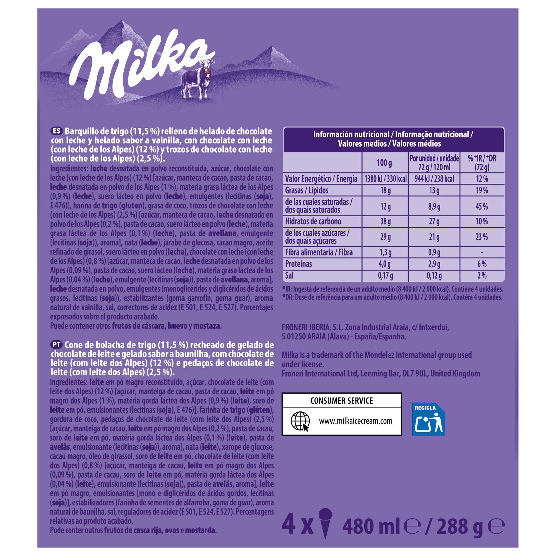 Cono vainilla chocolate Milka p4x120ml