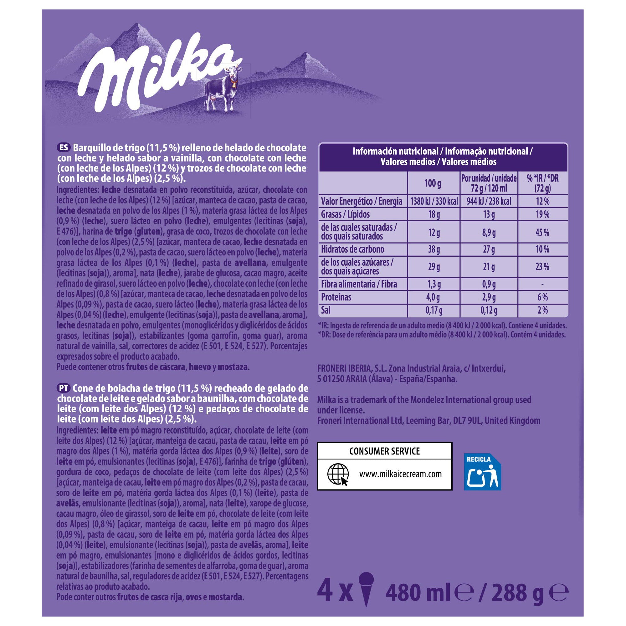 Cono vainilla chocolate Milka p4x120ml