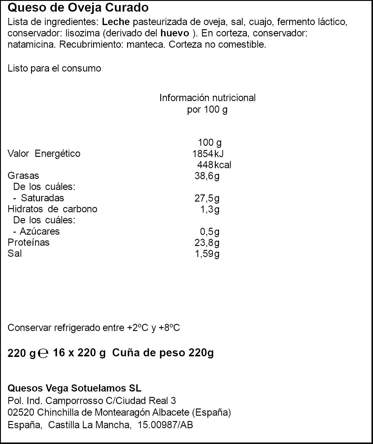 Queso reserva cuña Vega Sotuelamos 220g