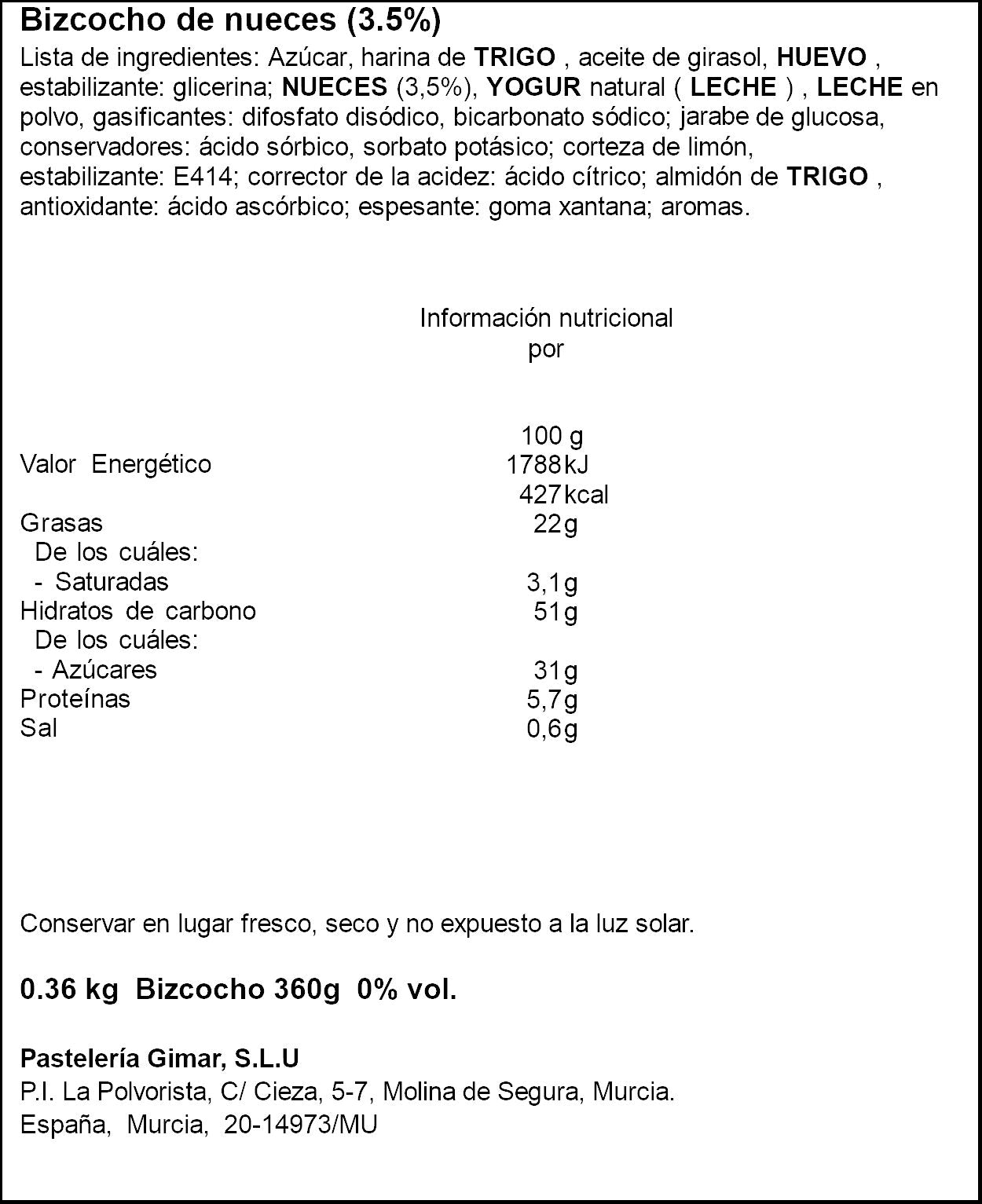 Bizcocho nueces Gimar 360g
