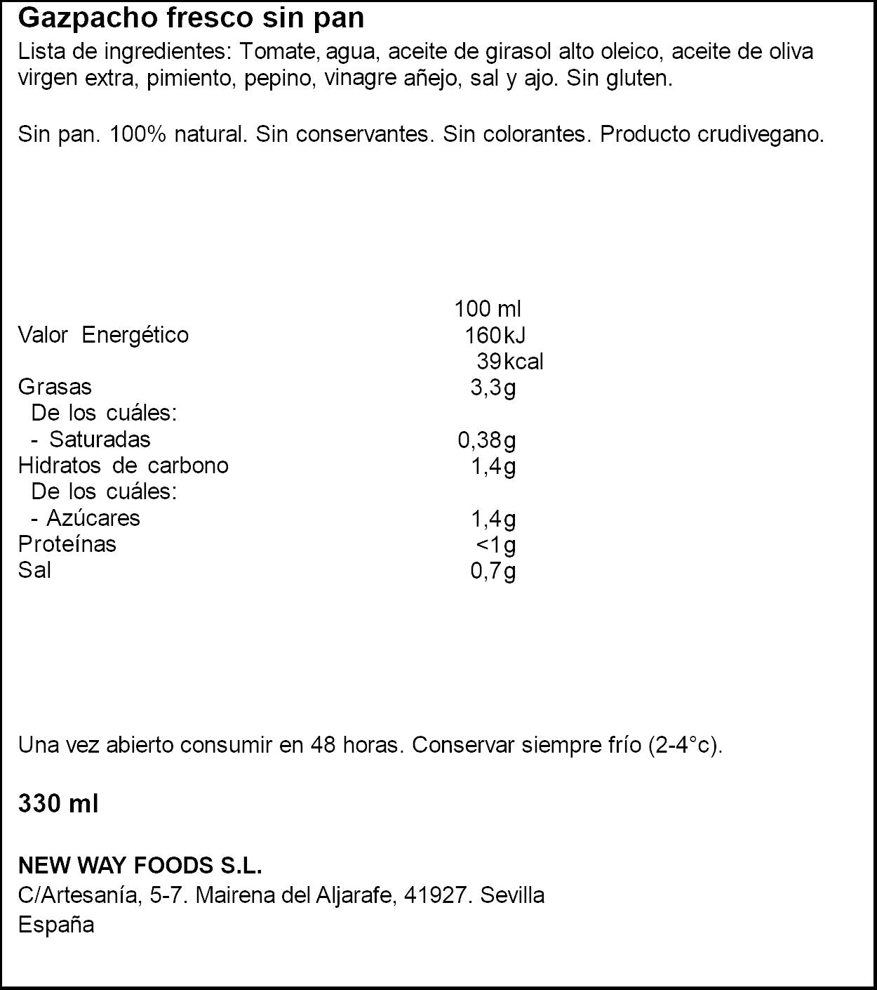 Gazpacho s/pan y s/gluten Majao 0.33l