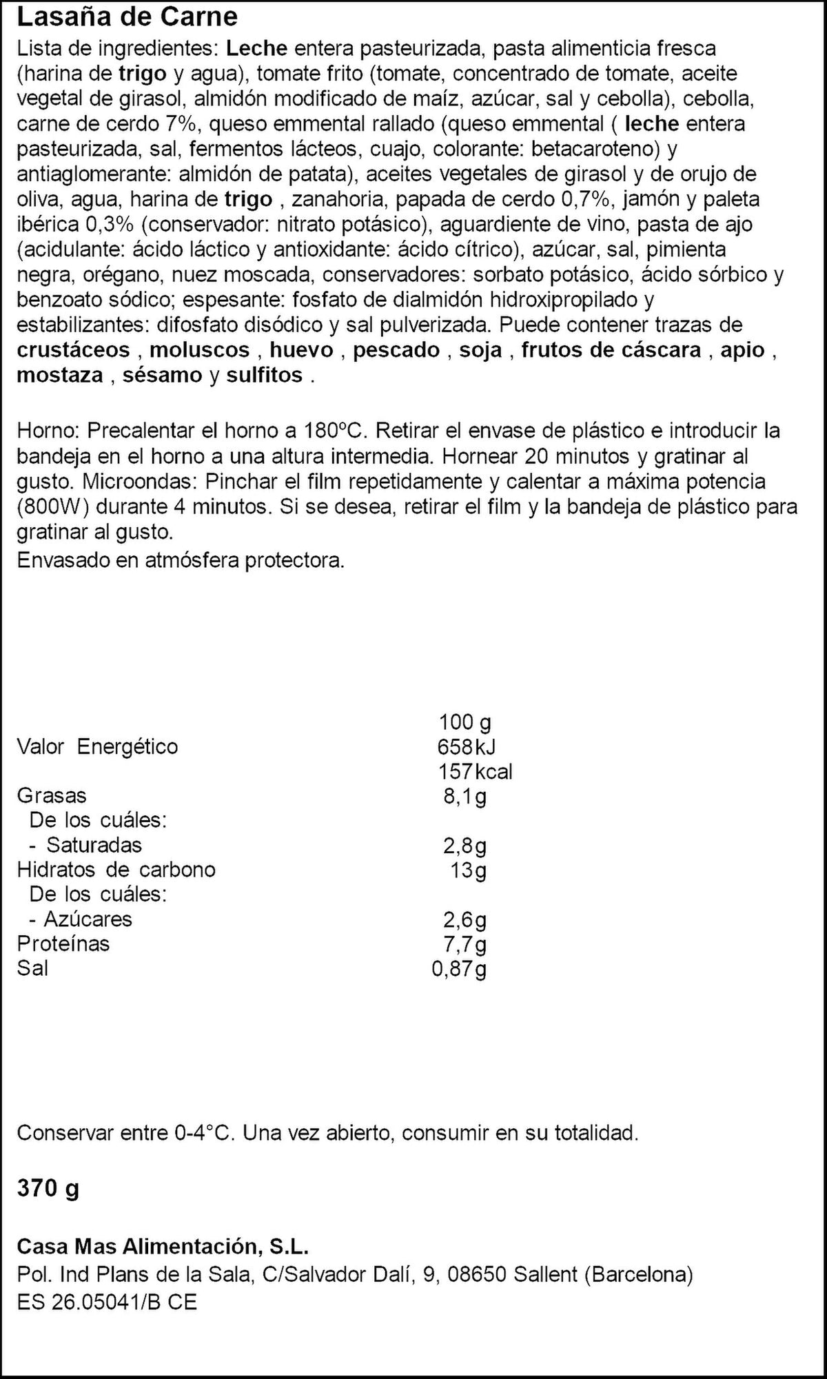 Lasaña artesana carne Casa mas 370g