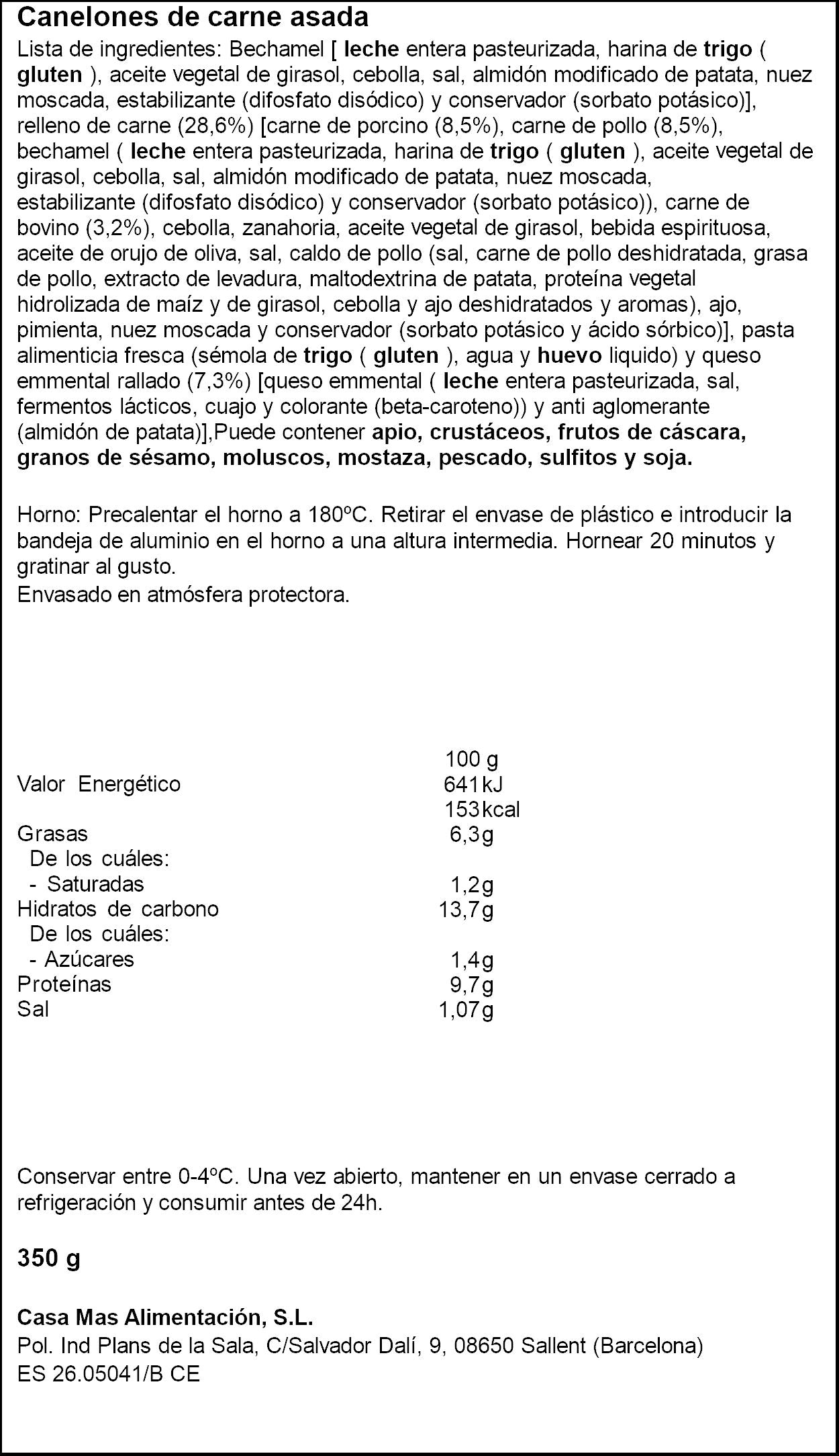 Canelón carne Casa mas 350g