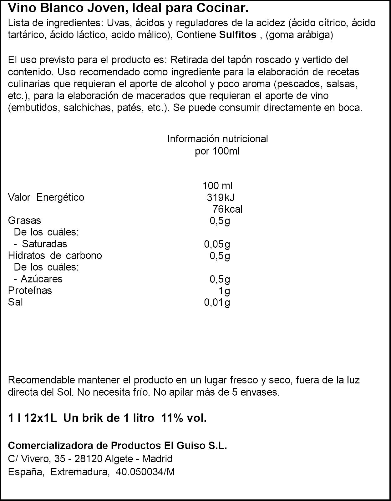 Vino blanco ideal cocinar Proguiso 1l