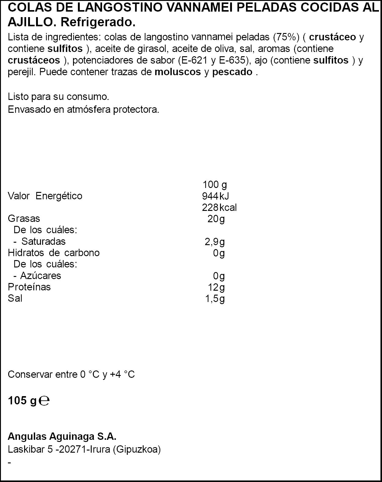Colas langosto pelados al ajillo Aguinamar 105g