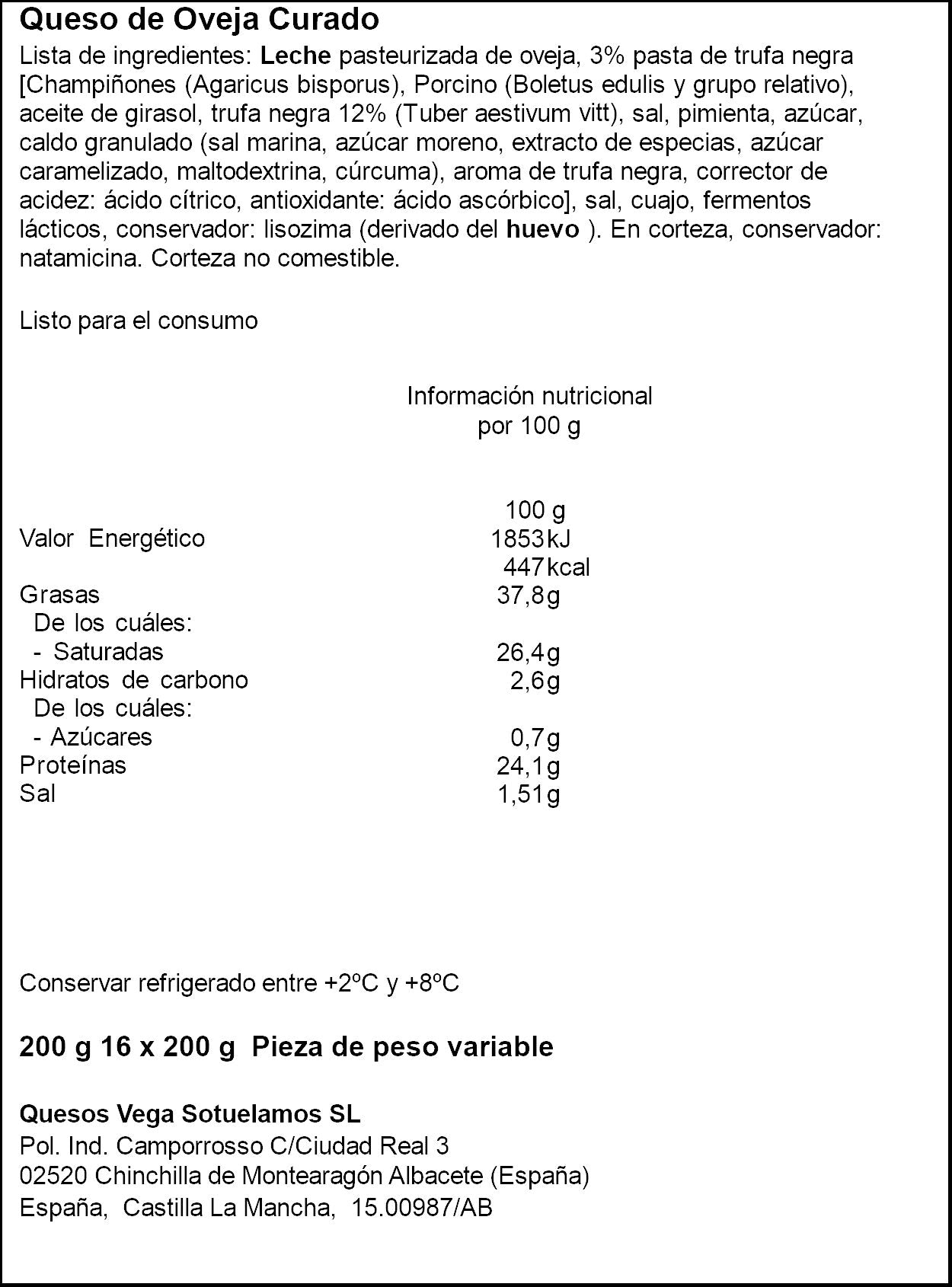 Cuña de queso trufa Vegasotuelamos 200g