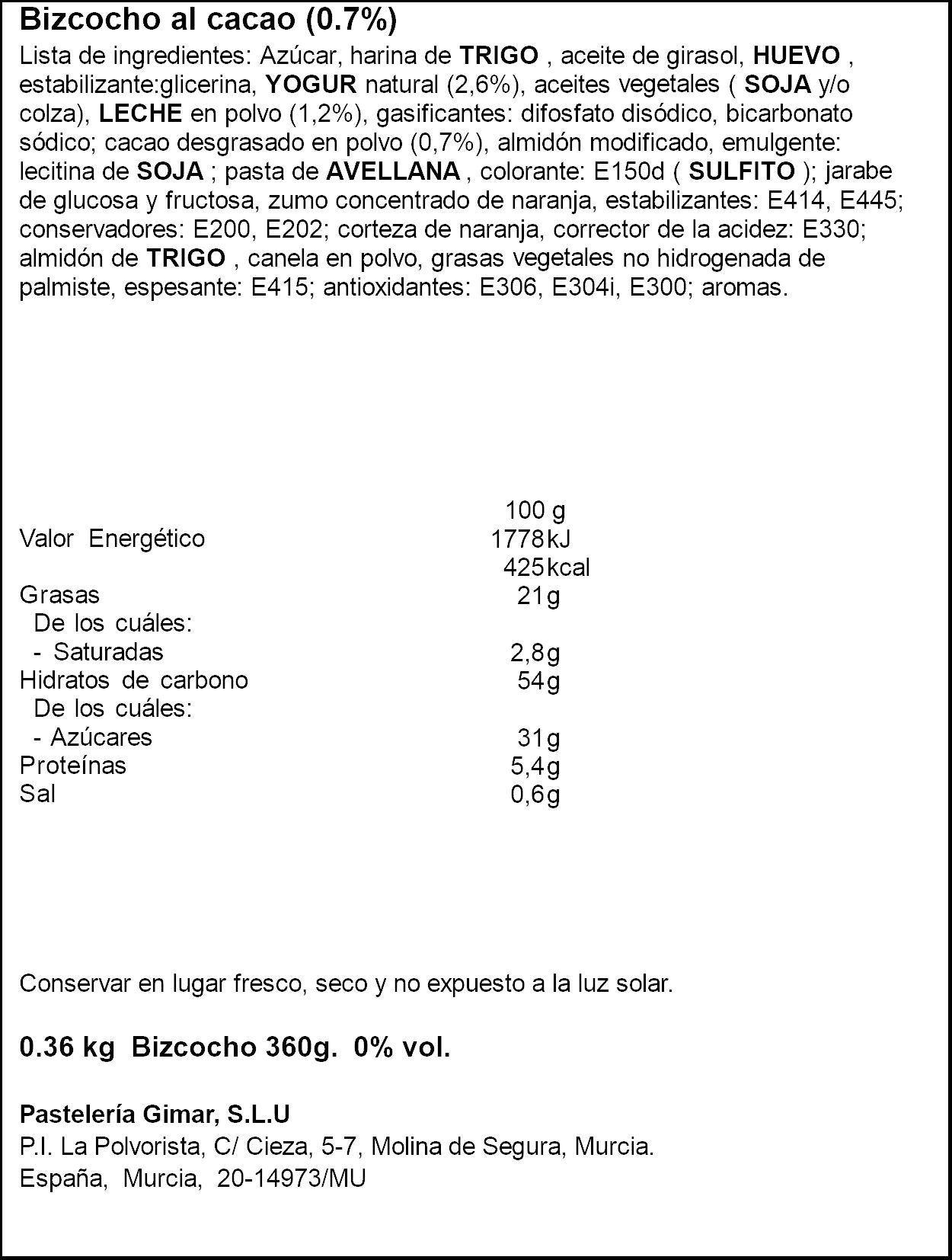 Bizcocho al cacao Gimar 360g
