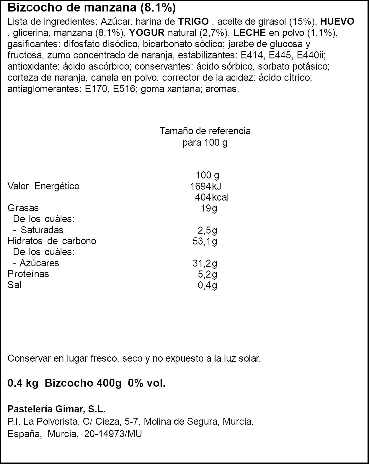Bizcocho manzana Gimar 400g