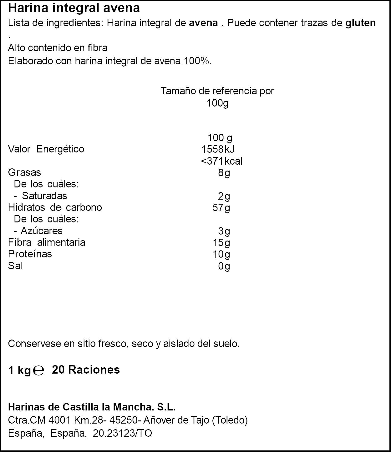 Harina de avena integral Haricaman 1kg