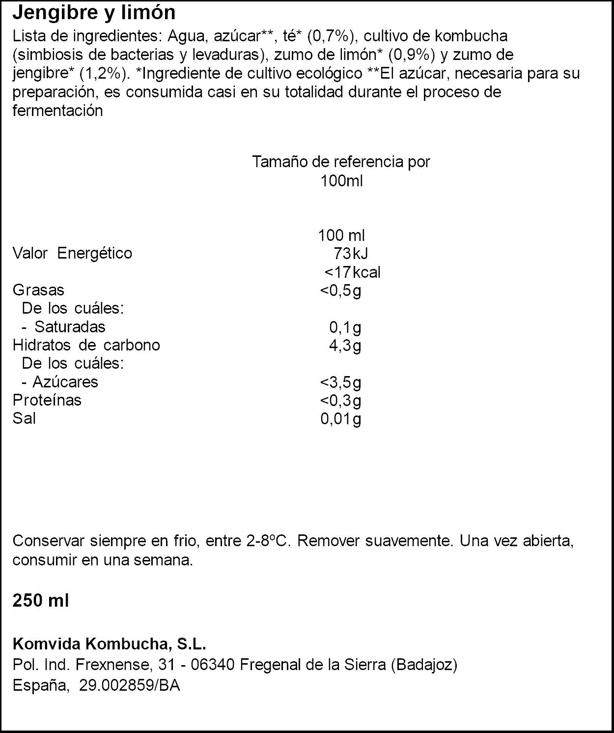 Kombucha jengibre/limón Komvida 250ml