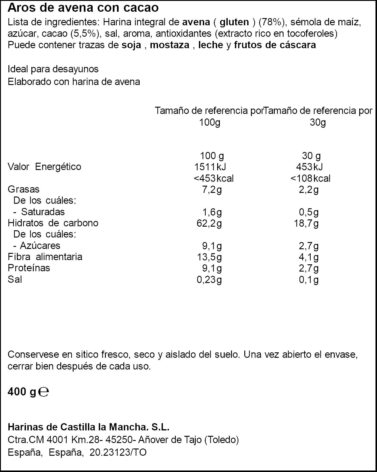 Aros avena crujientes c/cacao Cerides 400g