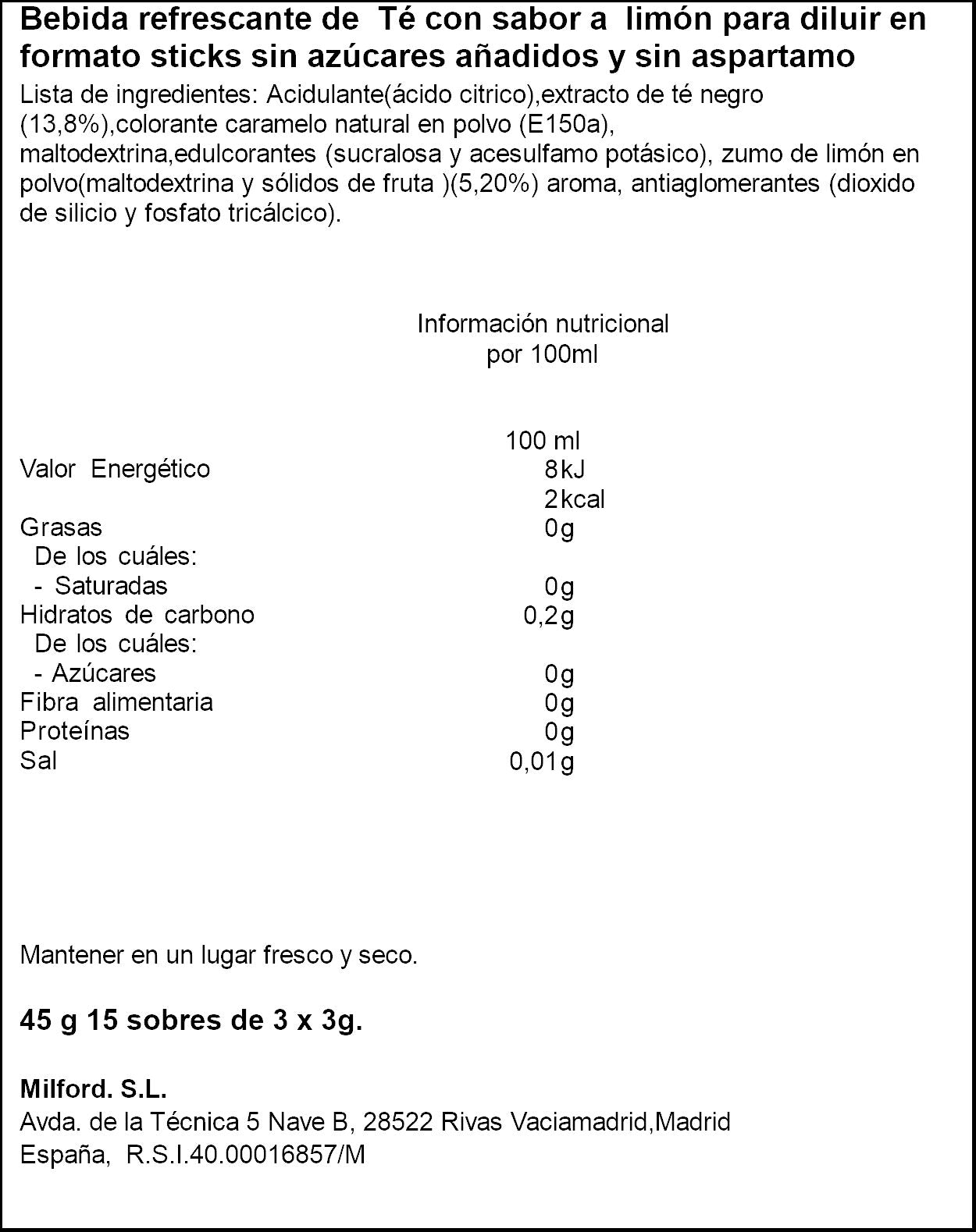 Té para diluir sabor limón Castelló p15 3g/u
