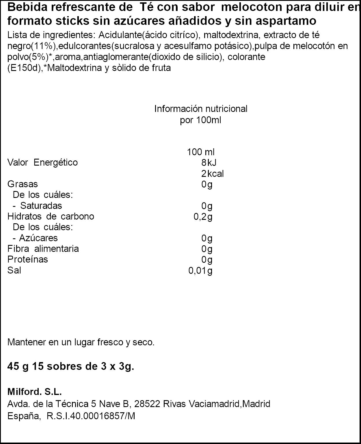 Té para diluir sabor melocotón Castelló p15 3g/u