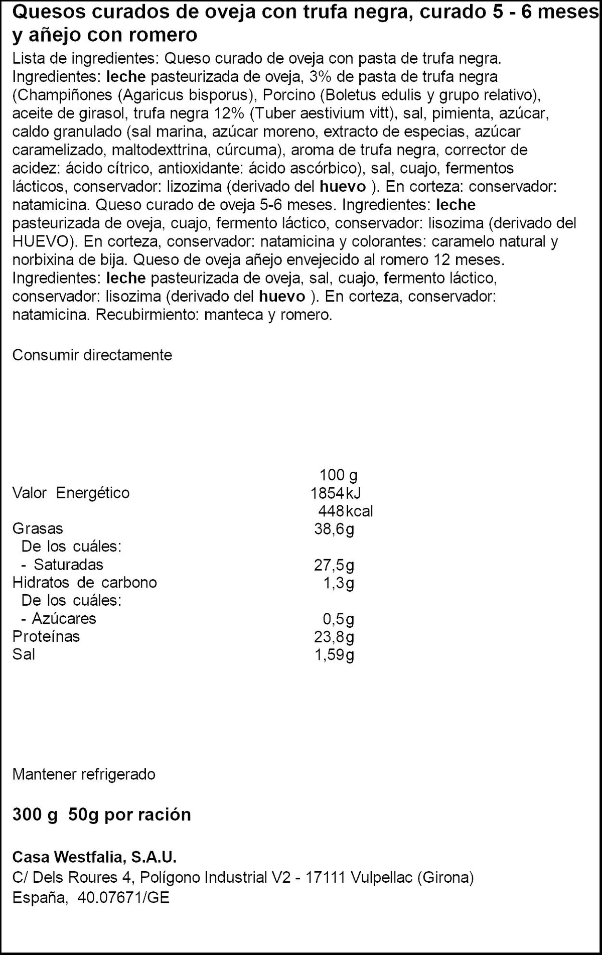 Tabla queso oveja Curado trufa y romero Vegasotuelamos  300g