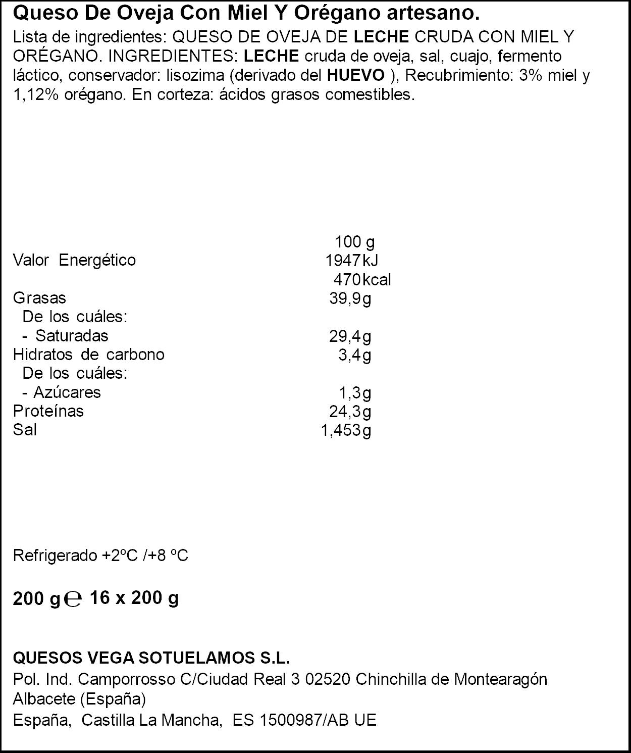 Cuña de queso Oveja oregano y miel Vegasotuelamos 200g